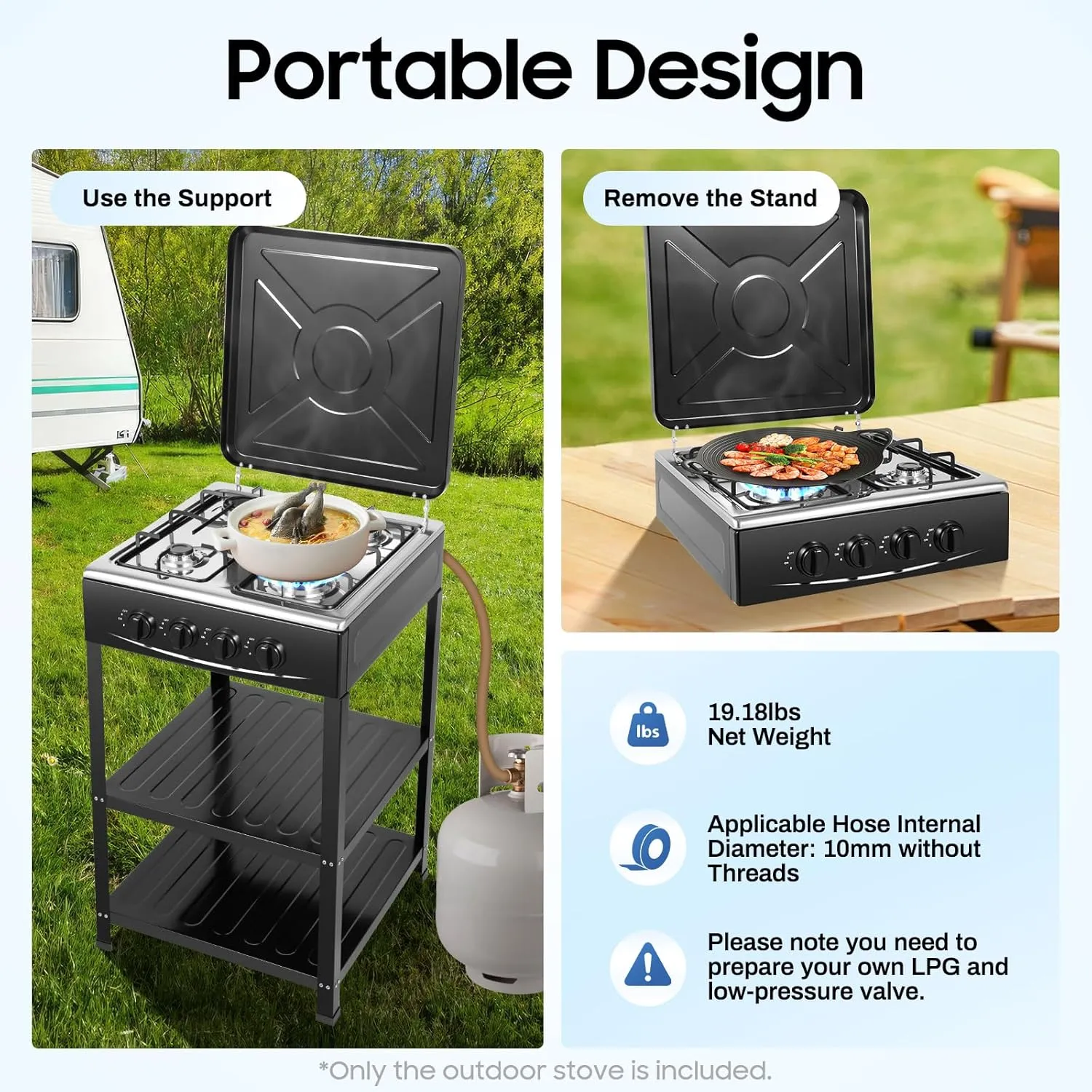 4 Burner Gas Stove Portable Outdoor Stove with Removable Storage Stand for RV, Apartment, Outdoor Cooking