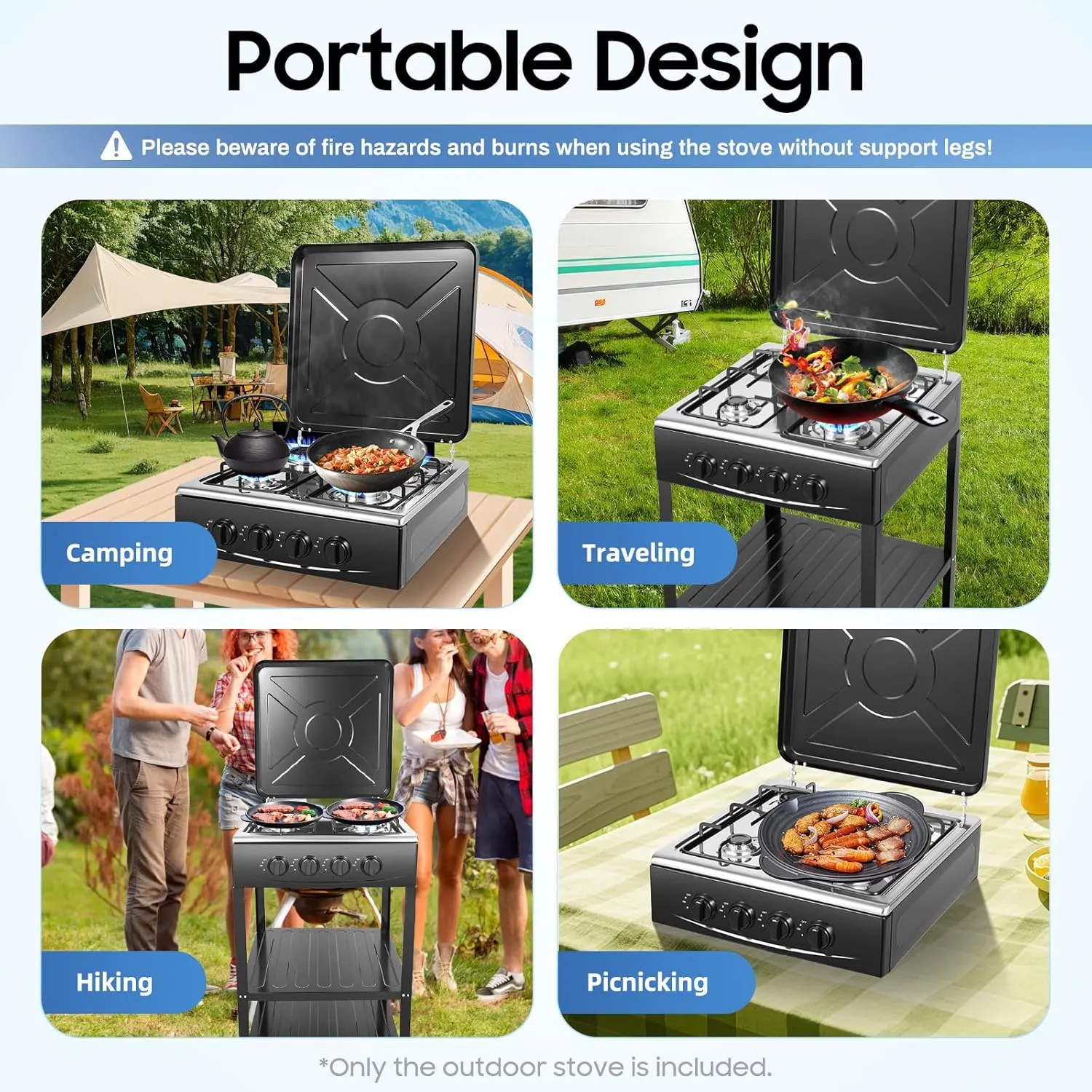4 Burner Gas Stove Portable Outdoor Stove with Removable Storage Stand for RV, Apartment, Outdoor Cooking