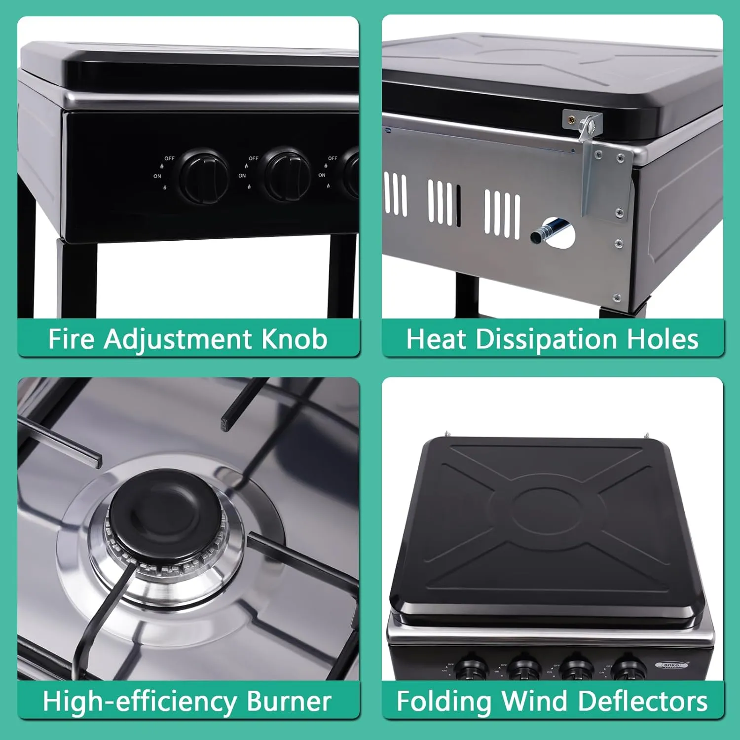 4 Burner Gas Stove Portable Outdoor Stove with Removable Storage Stand, Heavy Duty Stainless Steel Propane Gas Cooker with Wind Blocking Cover for Camping Picnic Home RV Cooking (no hose)
