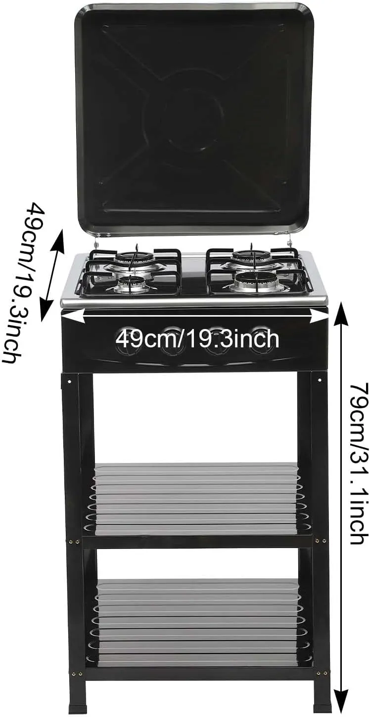 4 Burner Gas Stove Portable Outdoor Stove with Removable Storage Stand, Heavy Duty Stainless Steel Propane Gas Cooker with Wind Blocking Cover for Camping Picnic Home RV Cooking (no hose)