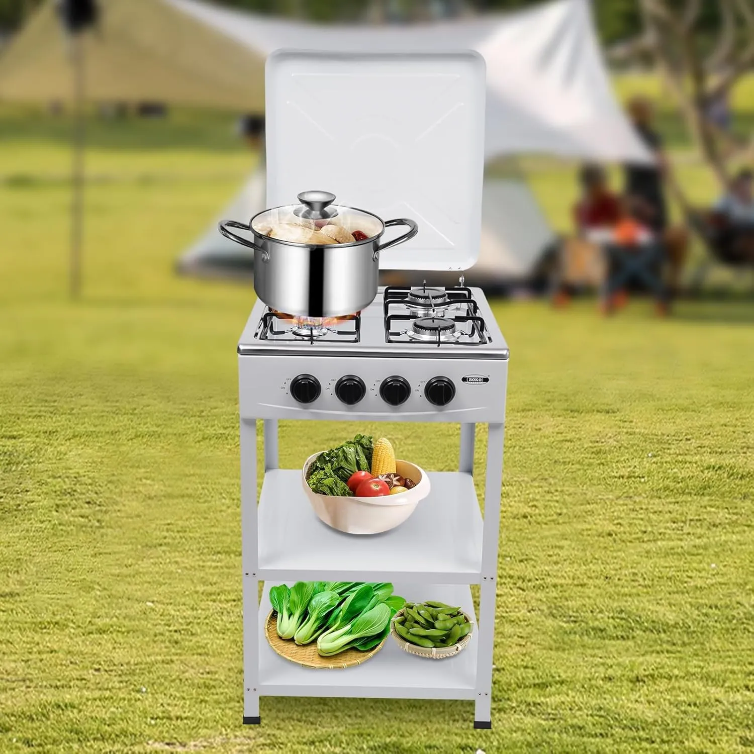 4 Burner Gas Stove Portable Outdoor Stove with Removable Storage Stand, Stainless Steel Propane Gas Cooker with Wind - Blocking Cover and Dustproof Covers for Camping Picnic Home RV Cooking, White