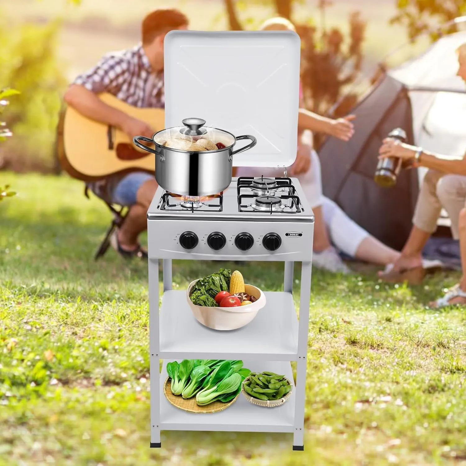 4 Burner Gas Stove Portable Outdoor Stove with Removable Storage Stand, Stainless Steel Propane Gas Cooker with Wind - Blocking Cover and Dustproof Covers for Camping Picnic Home RV Cooking, White
