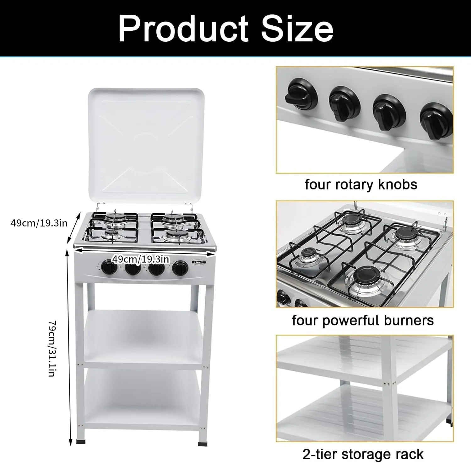 4 Burner Gas Stove Portable Outdoor Stove with Removable Storage Stand, Stainless Steel Propane Gas Cooker with Wind - Blocking Cover and Dustproof Covers for Camping Picnic Home RV Cooking, White