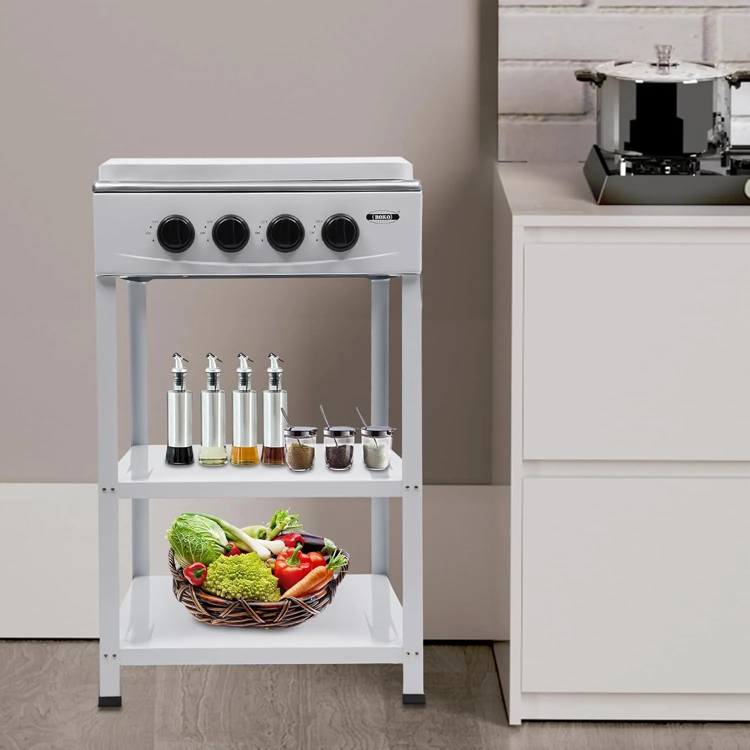 4 Burner Gas Stove Portable Outdoor Stove with Removable Storage Stand, Stainless Steel Propane Gas Cooker with Wind - Blocking Cover and Dustproof Covers for Camping Picnic Home RV Cooking, White
