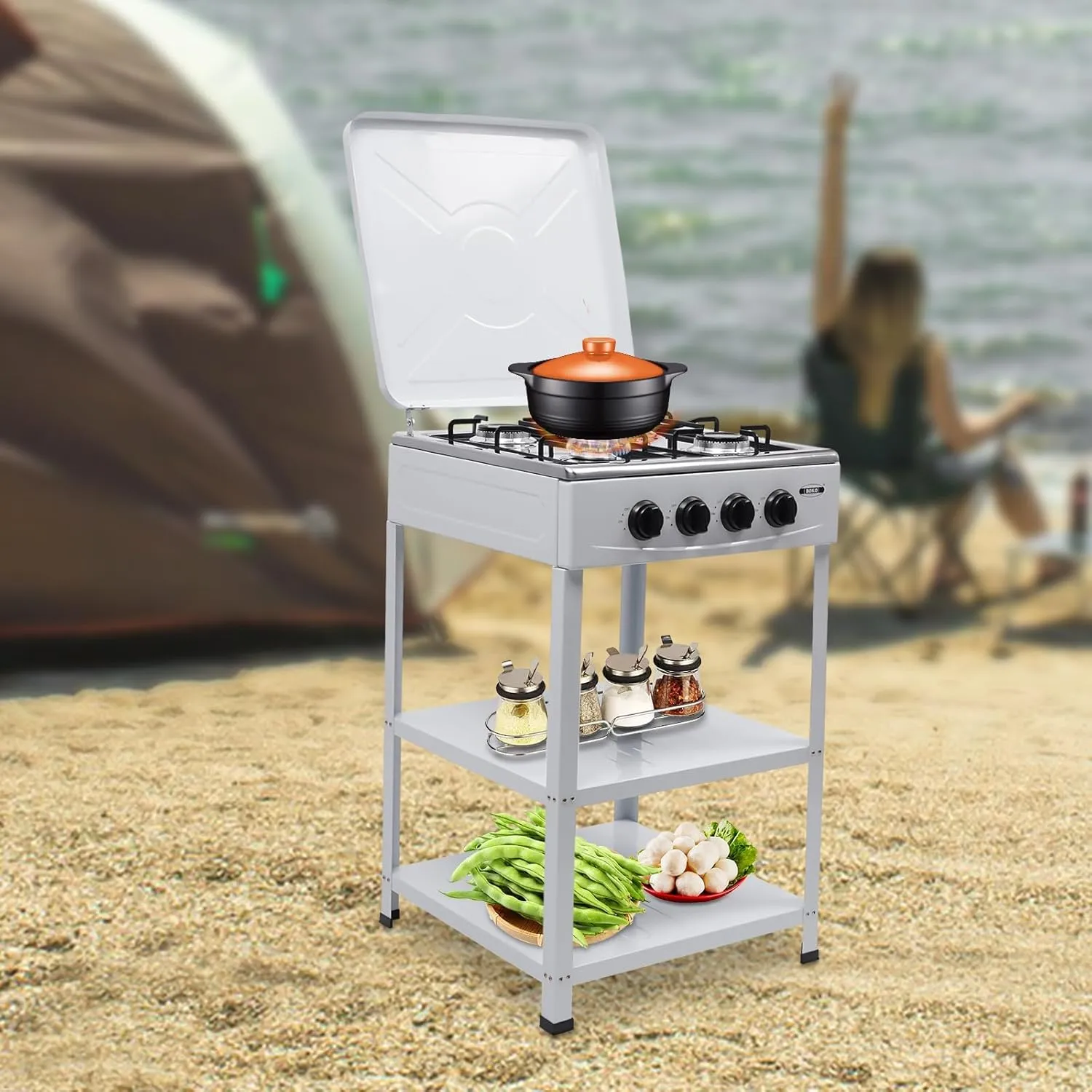 4 Burner Gas Stove Portable Outdoor Stove with Removable Storage Stand, Stainless Steel Propane Gas Cooker with Wind - Blocking Cover and Dustproof Covers for Camping Picnic Home RV Cooking, White
