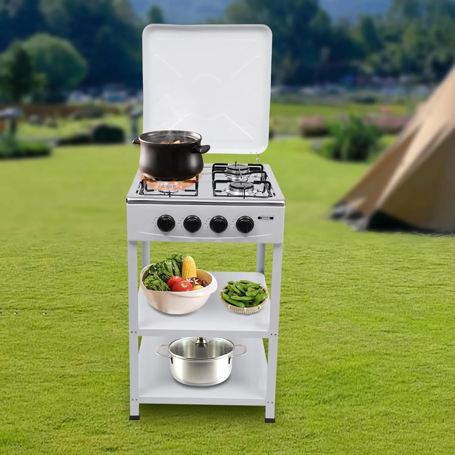 4 Burner Gas Stove Portable Outdoor Stove with Removable Storage Stand, Stainless Steel Propane Gas Cooker with Wind - Blocking Cover and Dustproof Covers for Camping Picnic Home RV Cooking, White