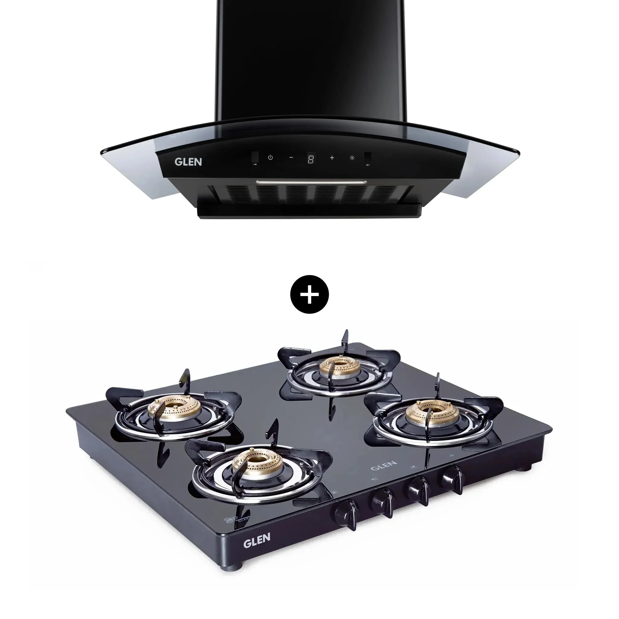 4 Burner Glass Gas Stove with Brass Burner (1041 GT BB BL)   Auto Clean Glass Filterless Chimney with Digital Display 60cm 1500m3/h (6059 DI BL AC)