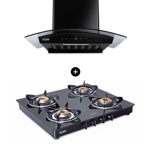 4 Burner Glass Gas Stove with Brass Burner (1041 GT BB BL)   Auto Clean Glass Filterless Chimney with Digital Display 60cm 1500m3/h (6059 DI BL AC)