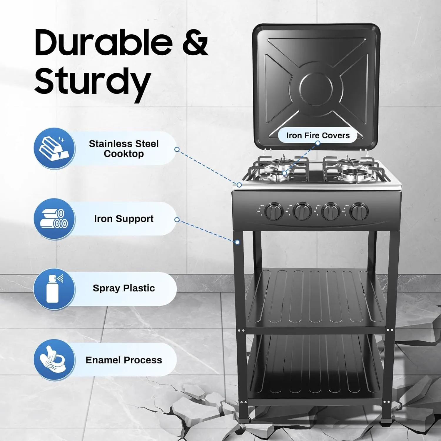 4 Burner Grill Dual Natural Gas Cooker Outdoor Camping Stove, Portable Gas Stove With Removable Storage Stand & Wind Blocking Cover, Portable Camping Grill For Backyard Cooking Home Rv, Black