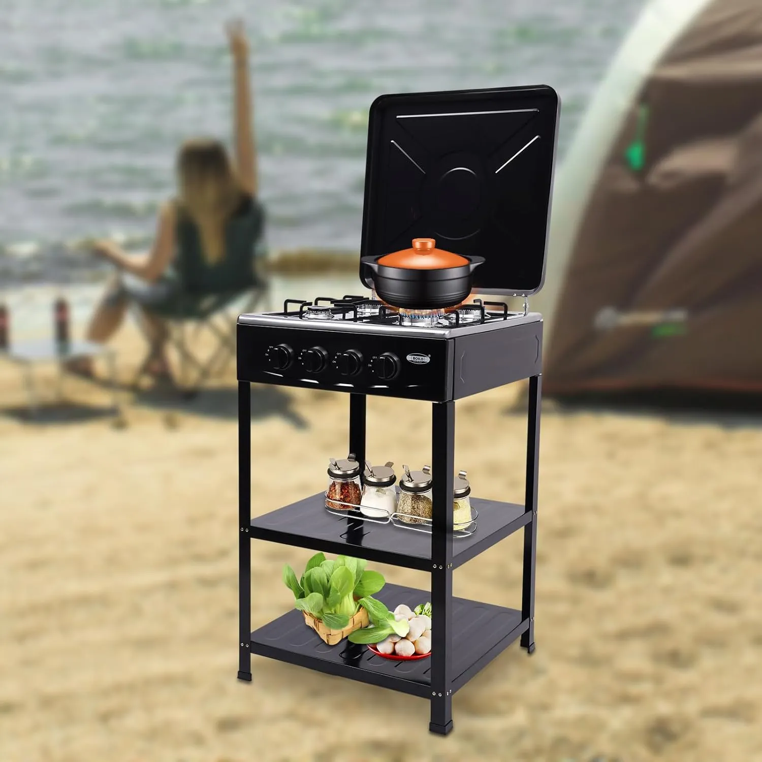 4 Burner Outdoor Gas Stove with Removable Storage Stand, Portable Grill Gas Stove Heavy Duty Stainless Steel Propane Gas Cooker with Wind Blocking Cover for Camping Picnic Home RV Cooking (Black)