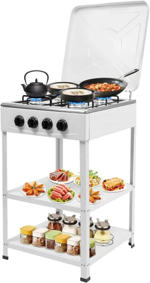 4 Burner Portable Gas Stove, Outdoor Camping Stove with Support Leg Stand and Wind Blocking Cover Adapter, Manual Ignition Camping Stove Stainless Steel Stove for Home, RV, Camp (White)