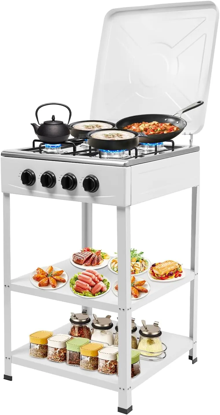4 Burner Portable Gas Stove, Outdoor Camping Stove with Support Leg Stand and Wind Blocking Cover Adapter, Manual Ignition Camping Stove Stainless Steel Stove for Home, RV, Camp (White)