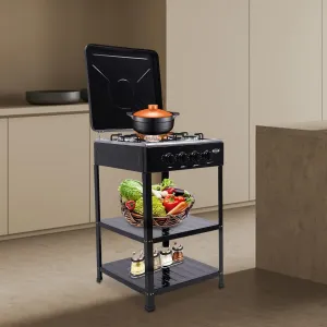 4 Burner Propane Gas Stove Outdoor with Support Leg Stand and Wind Blocking Cover Adapter, Manual Ignition Camping Stove with 2 Tier Storage Shelves for RV, Apartment, Outdoor Cooking