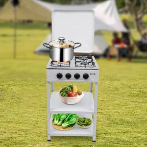 4 Burners Gas Stove, 300000 BTU Stove Propane Portable Cooker BBQ Grill Windshelter Outdoor Gas Powered Stove Manual Ignition Camping Stove for RV Backyard Outdoor Cooking Camping (White)