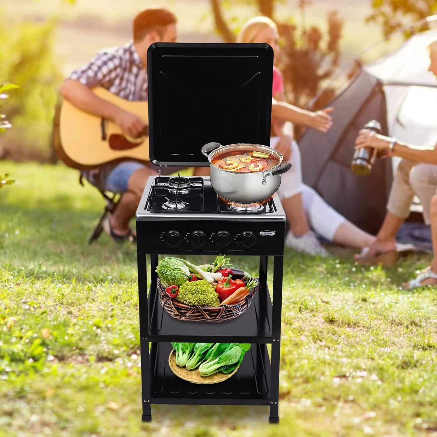 4 Burners Propane Camping Stove Portable Camping Grill Stove Floor Standing Gas Cooktop Natural Gas Stove with Storage Stand Wind Guards Manual Ignition for Outdoor Camping Cooking (Black)
