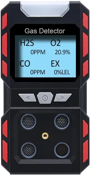 4 Gas Detector for H2S, O2, CO and EX Portable Visual Gas Monitor with Sound Light Vibration LCD Display, Rechargeable Multi Gas Detector Meter