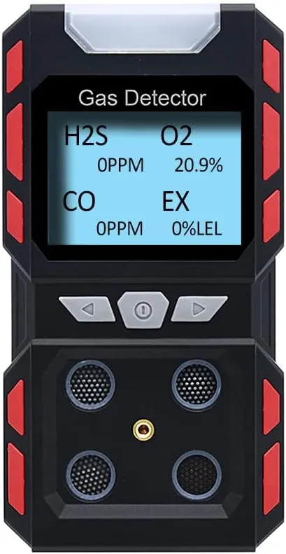 4 Gas Detector for H2S, O2, CO and EX Portable Visual Gas Monitor with Sound Light Vibration LCD Display, Rechargeable Multi Gas Detector Meter
