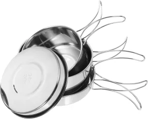 4-in-1 Portable Camping Pot Pan Set Stainless Steel Outdoor Cooking Utensils Kit Folding Handle and Cups