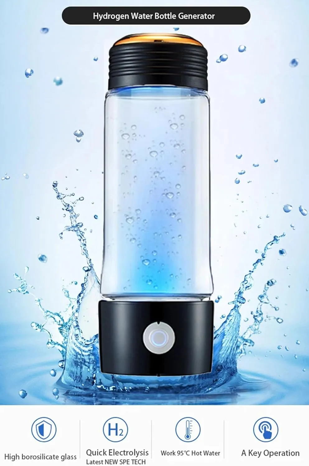 400ml Sports Water Bottle, H2 Molecular Hydrogen Water Bottle, with Portable Inhaler Adapter and Self-Cleaning Mode, for Outdoor Sports Fitness