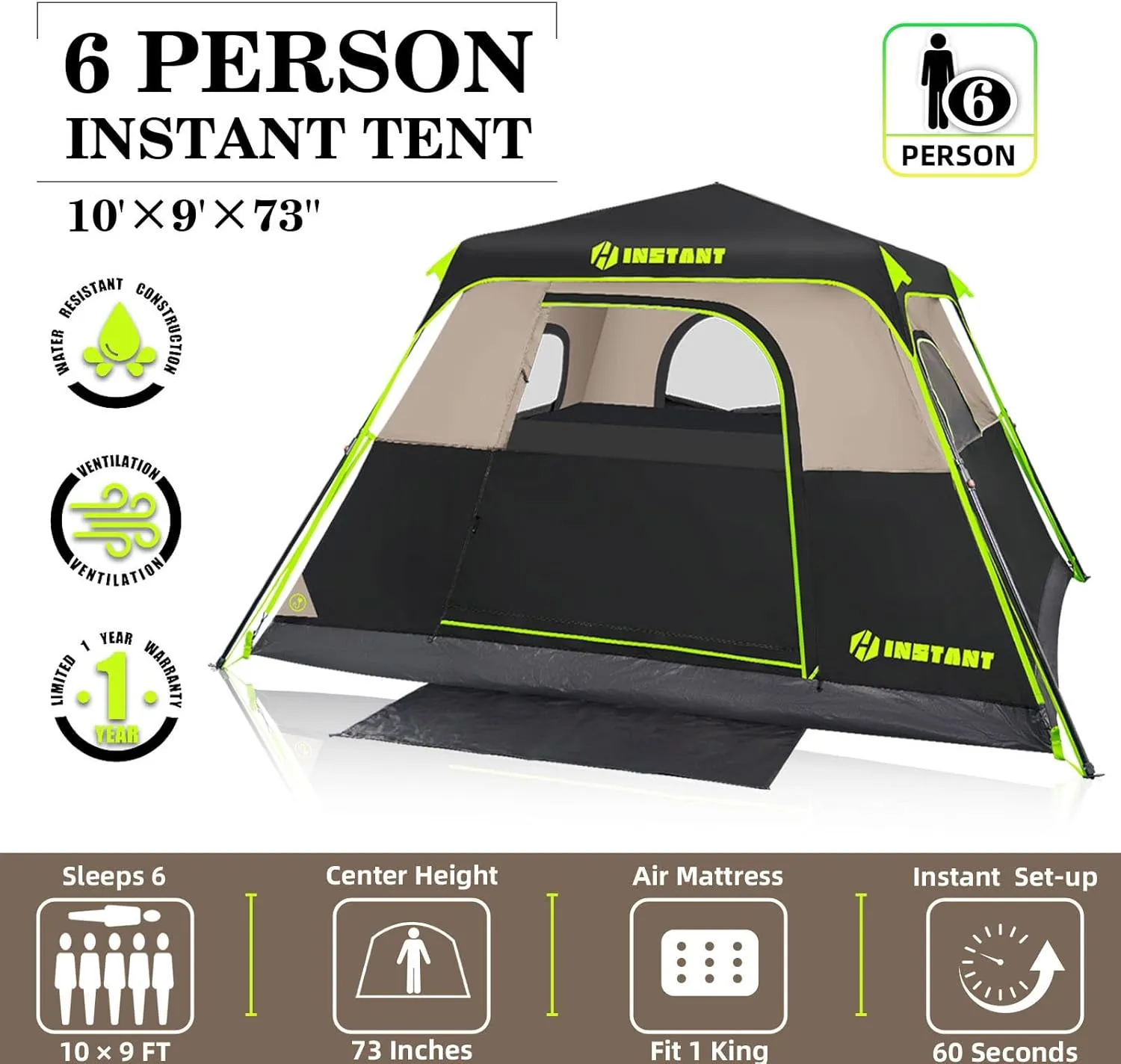 4/6 Person Instant Tent, Waterproof Pop Up Tents for Camping with Rainfly, 60 Seconds Easy Setup, Automatic Cabin Tent for Family Camping with Expandable Carry Bag & Upgraded Ventilation