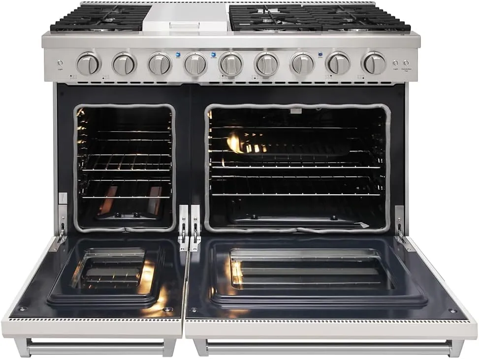 48 Inch Pro-Style Propane Gas Range with 6 Burners & 1 Griddle Cooktop, Double 4.6 cu. ft. and 2.2 cu. ft. Oven, in Stainless Steel - KOS-48RG03MLP (White)