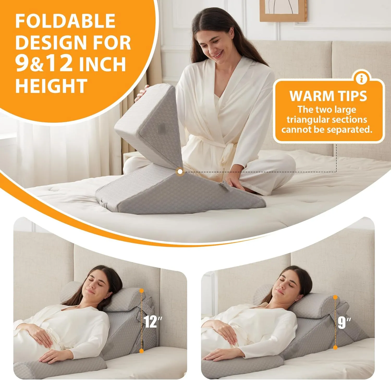 4PCS Wedge Pillow Set for After Surgery, Wedge Pillow Headboard, Adjustable 9&12 Inch Bed Pillow Wedge for Sleeping, Acid Reflux, Orthopedic Pillow Wedge for Back Pain Relief, Gerd, Grey