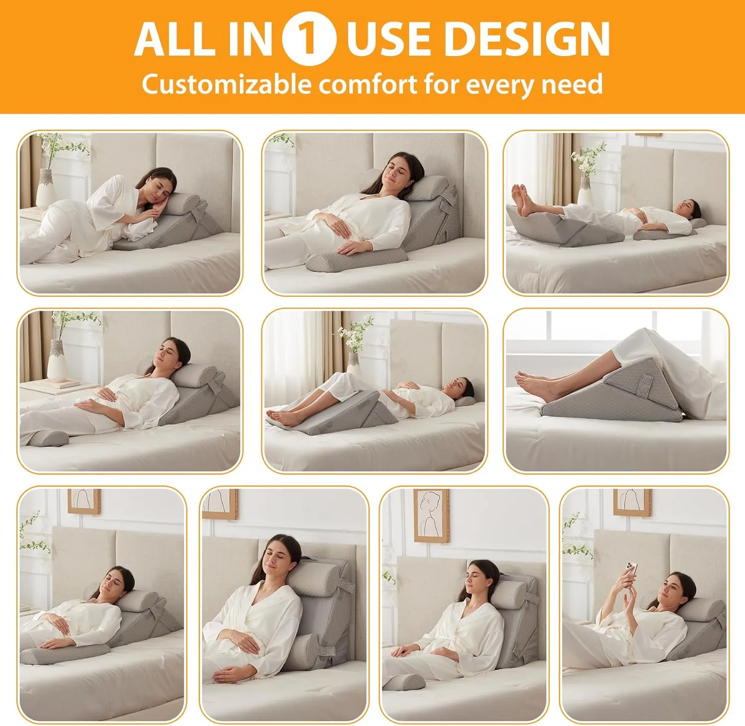 4PCS Wedge Pillow Set for After Surgery, Wedge Pillow Headboard, Adjustable 9&12 Inch Bed Pillow Wedge for Sleeping, Acid Reflux, Orthopedic Pillow Wedge for Back Pain Relief, Gerd, Grey