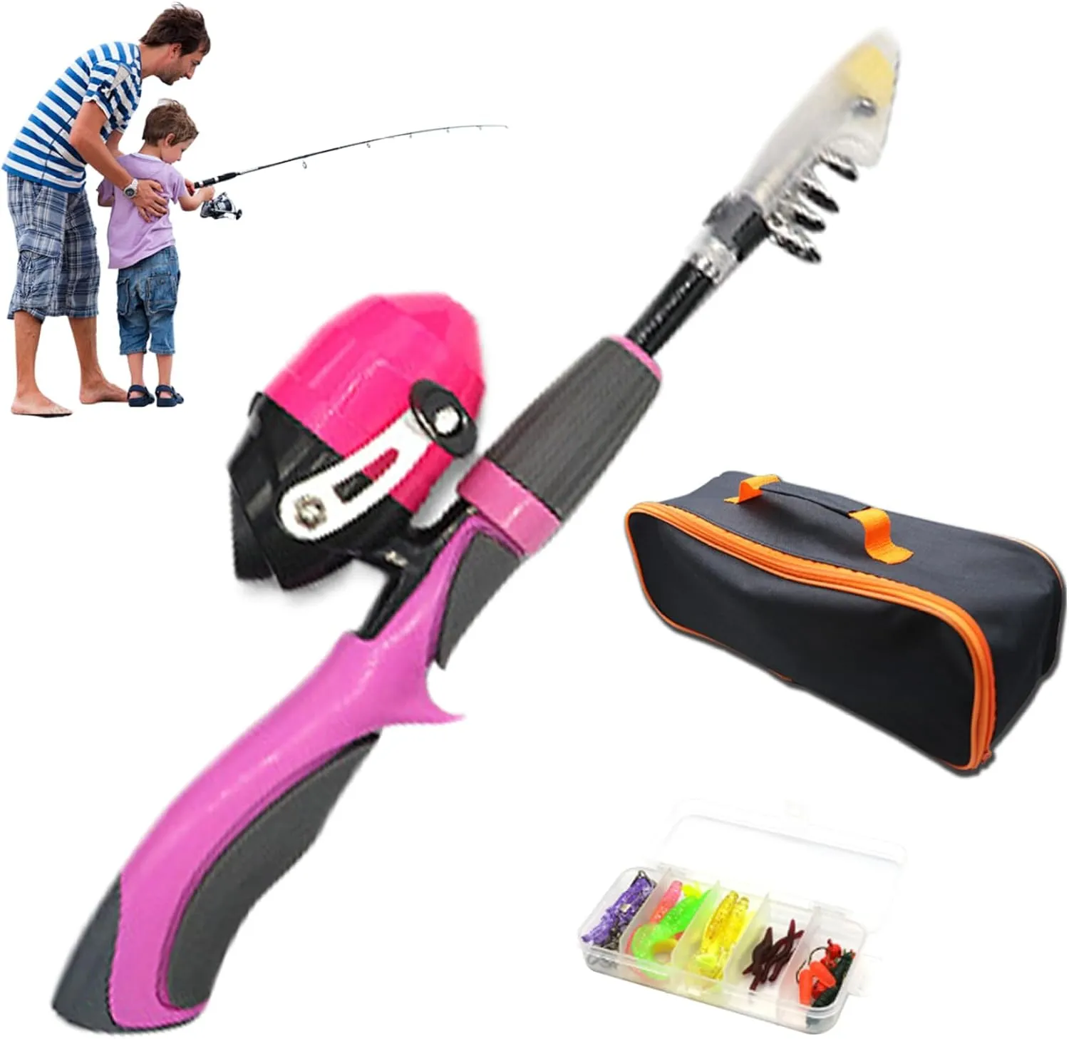 4Pcs/Set Kids Fishing Set Portable Telescopic Fishing Rod 6-Section Beginner Pole with Spinning Reel, Portable Bag, Tackle Box for Boys, Girls, Youth Gift Kids Pole