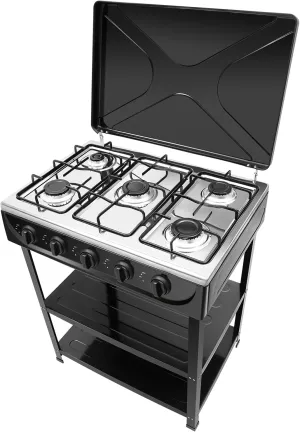 ‌5-Burner Dual Fuel (NG/LPG) Outdoor Gas Stove & Grill, 2.5KW High-Power Portable Camping Cooktop with 2-Tier Storage & Windshield - Stainless Steel