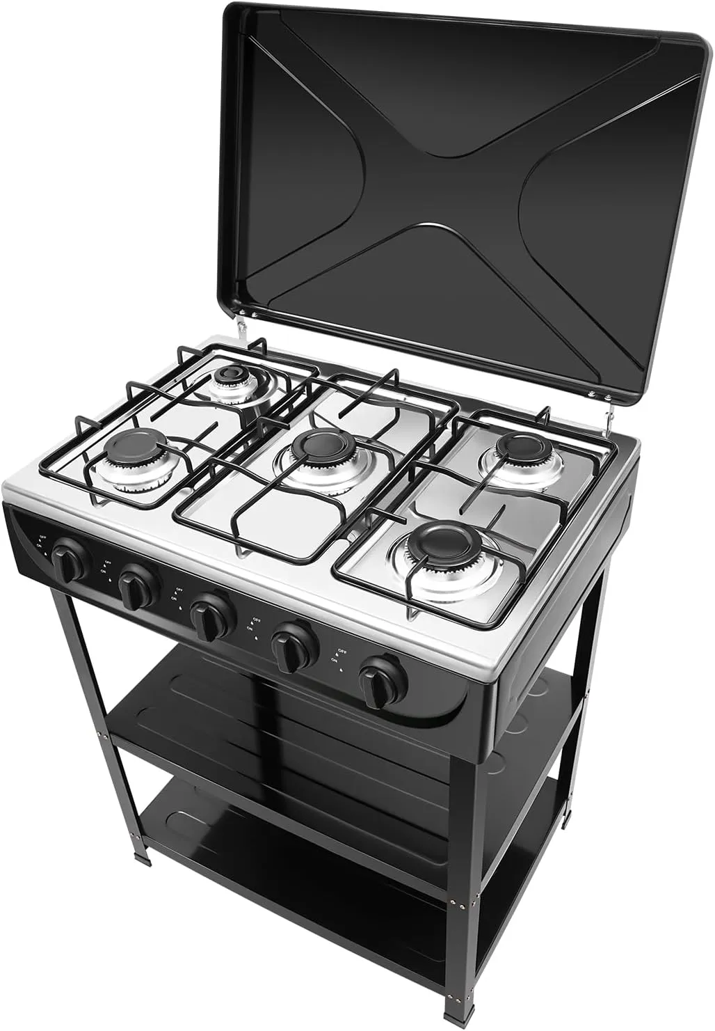 ‌5-Burner Dual Fuel (NG/LPG) Outdoor Gas Stove & Grill, 2.5KW High-Power Portable Camping Cooktop with 2-Tier Storage & Windshield - Stainless Steel