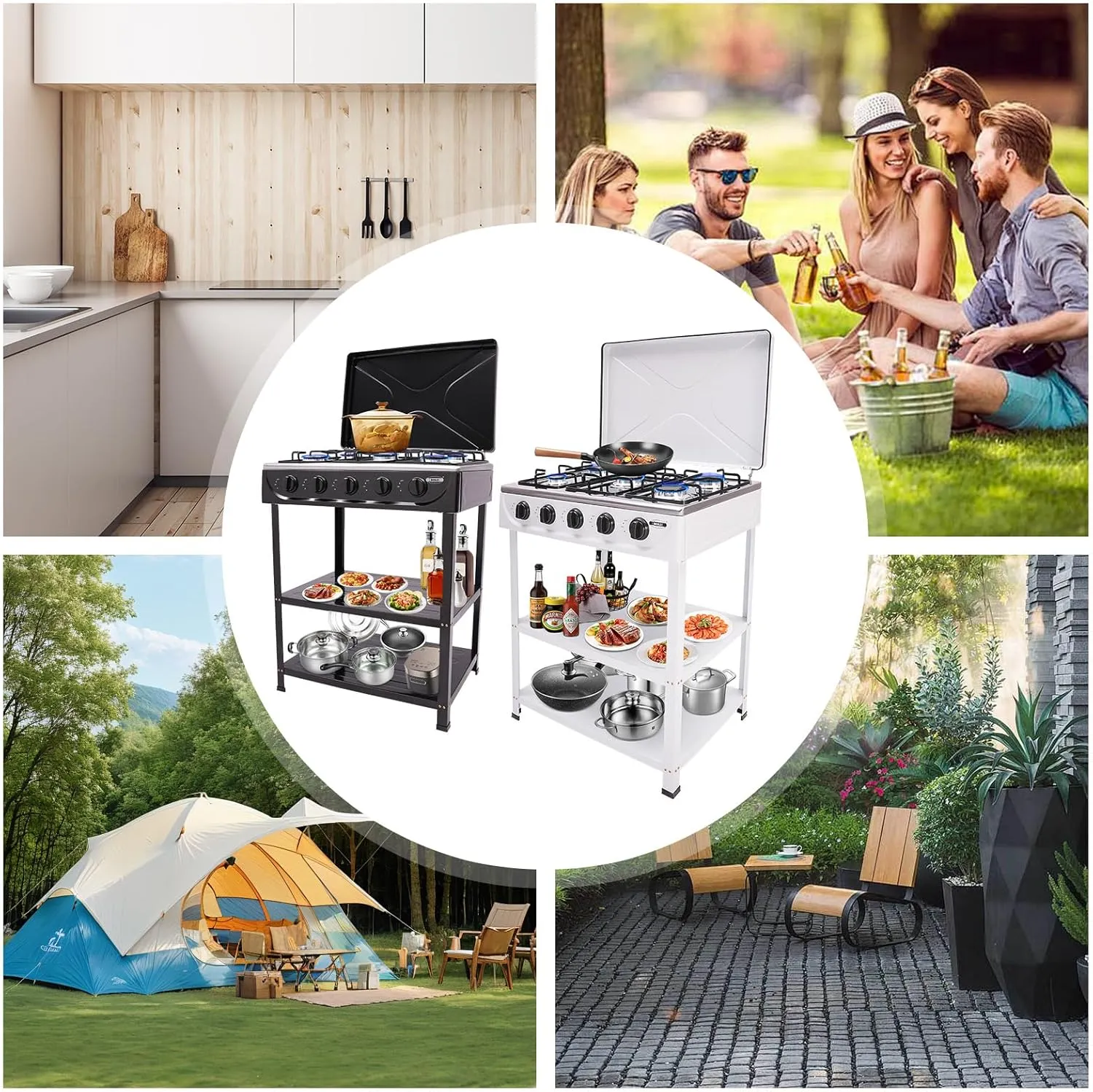 5 Burner Gas Stove Portable Natural Gas Camping Grill Stove Floor Standing Cooktop Cooker with Storage Stand and Wind Blocking Cover Manual Ignition for Outdoor RV (White)