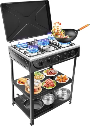 5-Burner Gas Stove - Portable Natural Gas Stove with Storage Shelves & Windshield - Manual Ignition Camping Stove for Stir-Fry, Noodles, and Soup - Ideal for Camping, Fishing and RV Travel (Black)