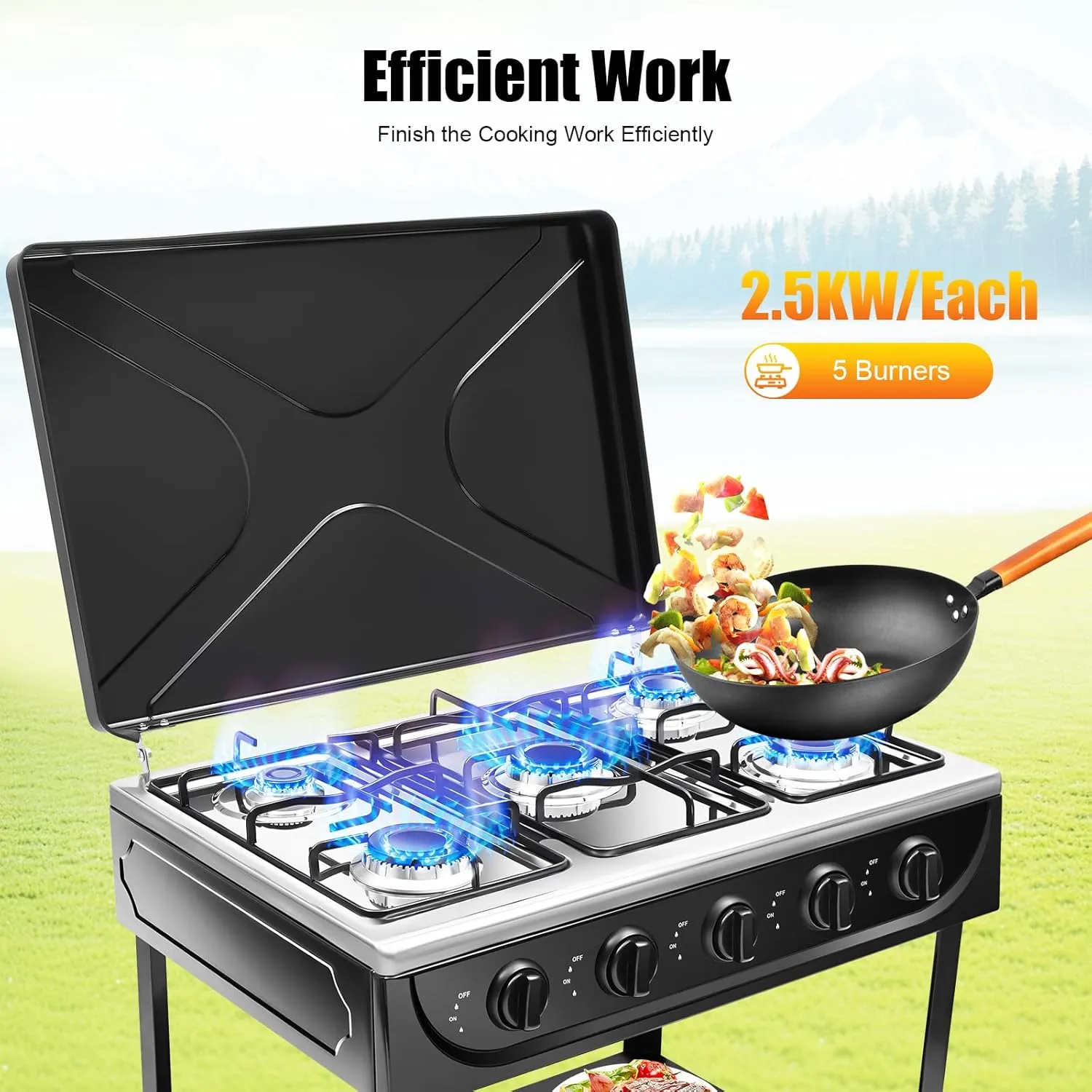 5-Burner Gas Stove - Portable Natural Gas Stove with Storage Shelves & Windshield - Manual Ignition Camping Stove for Stir-Fry, Noodles, and Soup - Ideal for Camping, Fishing and RV Travel (Black)