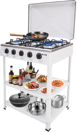 5 Burner Grill Dual Natural Gas Cooker Outdoor Camping Stove, Portable Gas Stove With Stand, Portable Camping Grill For Backyard Cooking Home Rv, White