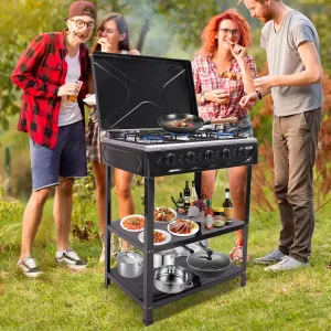 5 Burner Natural Gas Stove Camping Stove with Wind Blocking Cover and 2 Placement Boards,Portable Gas Cooker Stove with Support Leg Stand for Camping,Fishing,RV Travel