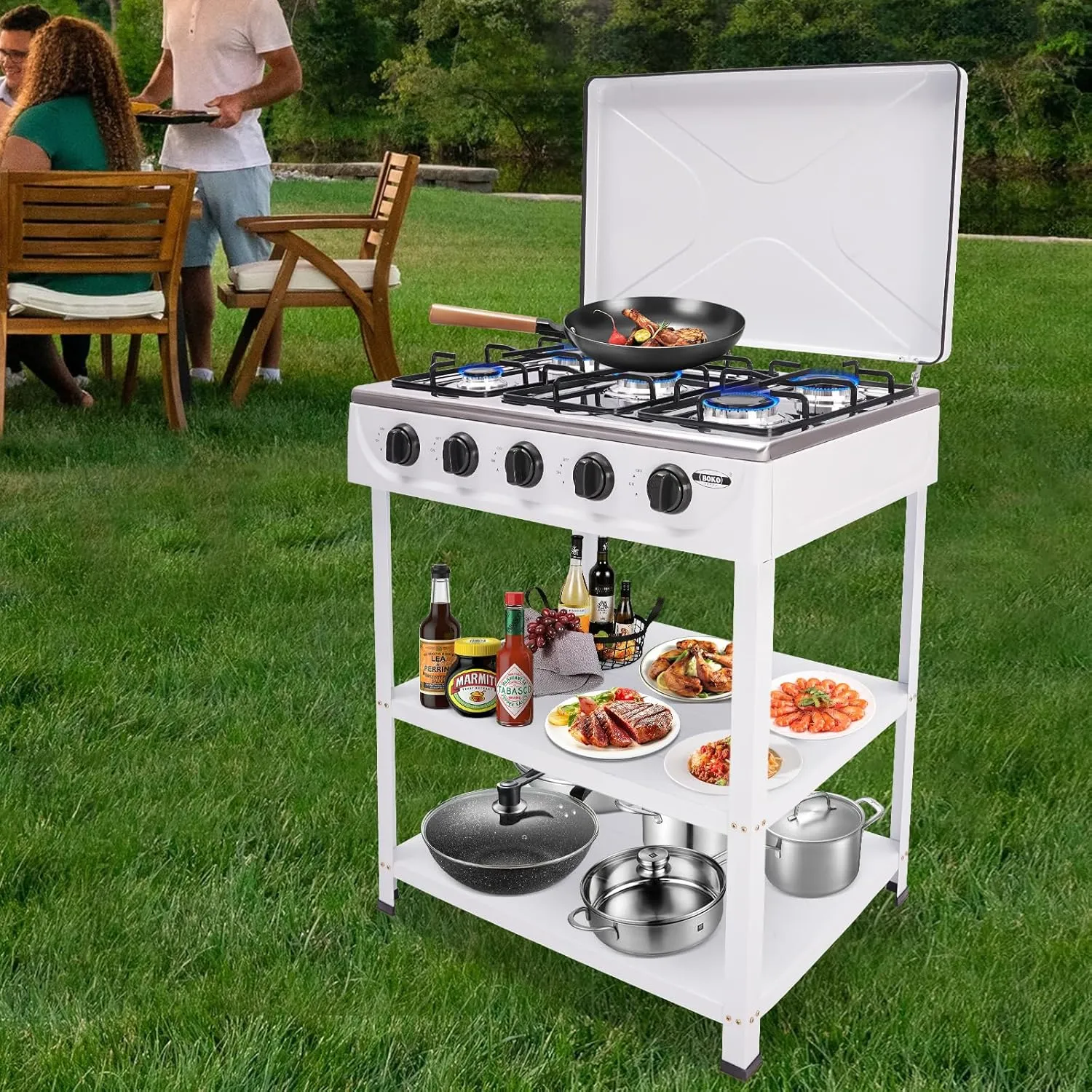 5 Burner Natural Gas Stove for Outdoor Cooking 2500W Portable Camp Gas Burner Stove Stand Heavy Duty Iron Gas Cooker with Support Leg & 2 Board Gas Stove for Outside Home, White