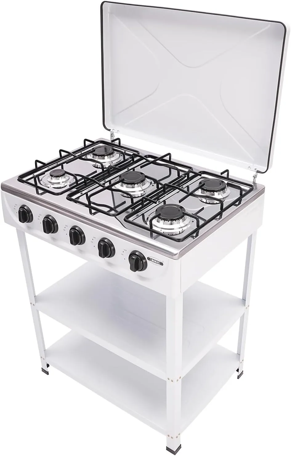 5 Burner Natural Gas Stove for Outdoor Cooking 2500W Portable Camp Gas Burner Stove Stand Heavy Duty Iron Gas Cooker with Support Leg & 2 Board Gas Stove for Outside Home, White
