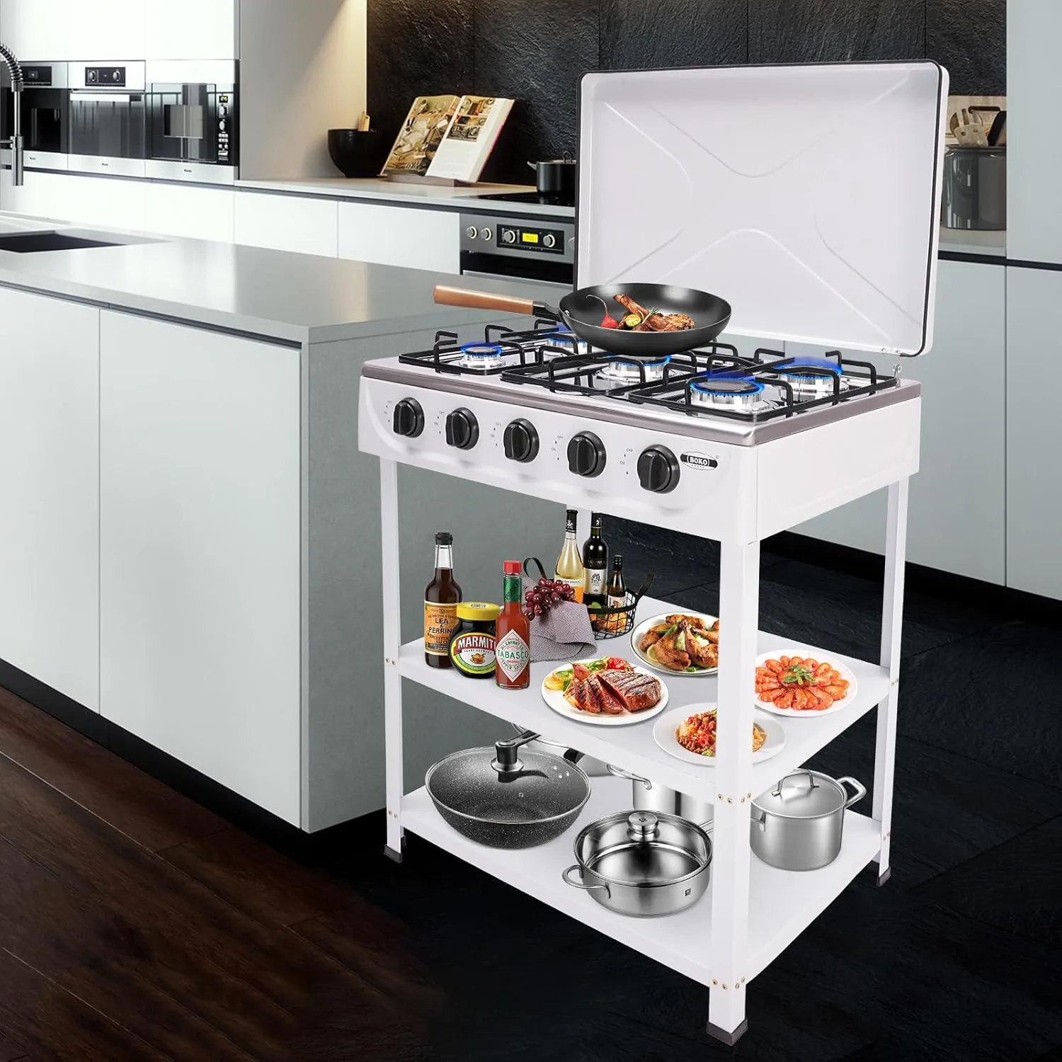 5 Burner Natural Gas Stove for Outdoor Cooking 2500W Portable Camp Gas Burner Stove Stand Heavy Duty Iron Gas Cooker with Support Leg & 2 Board Gas Stove for Outside Home, White
