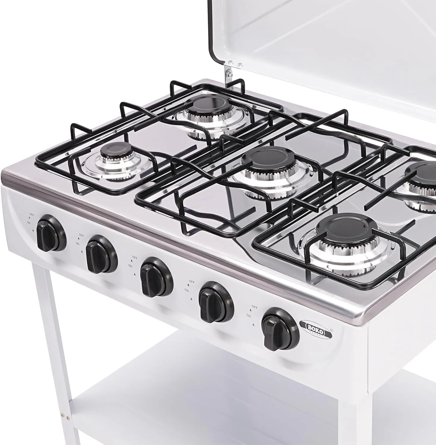 5 Burner Natural Gas Stove for Outdoor Cooking 2500W Portable Camp Gas Burner Stove Stand Heavy Duty Iron Gas Cooker with Support Leg & 2 Board Gas Stove for Outside Home, White