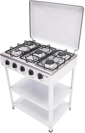 5 Burner Natural Gas Stove for Outdoor Cooking 2500W Portable Camp Gas Burner Stove Stand Heavy Duty Iron Gas Cooker with Support Leg & 2 Board Gas Stove for Outside Home, White
