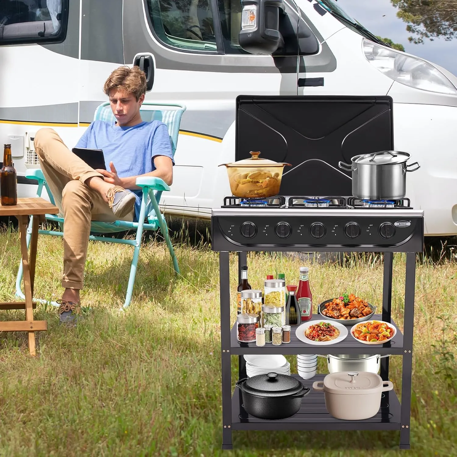 5 Burner Portable Gas Stove with Support Leg Stand and Wind Blocking Cover Adapter, Propane Gas Stove, Propane Burner Head for Camping, Tailgating, Home Brewing (Black)