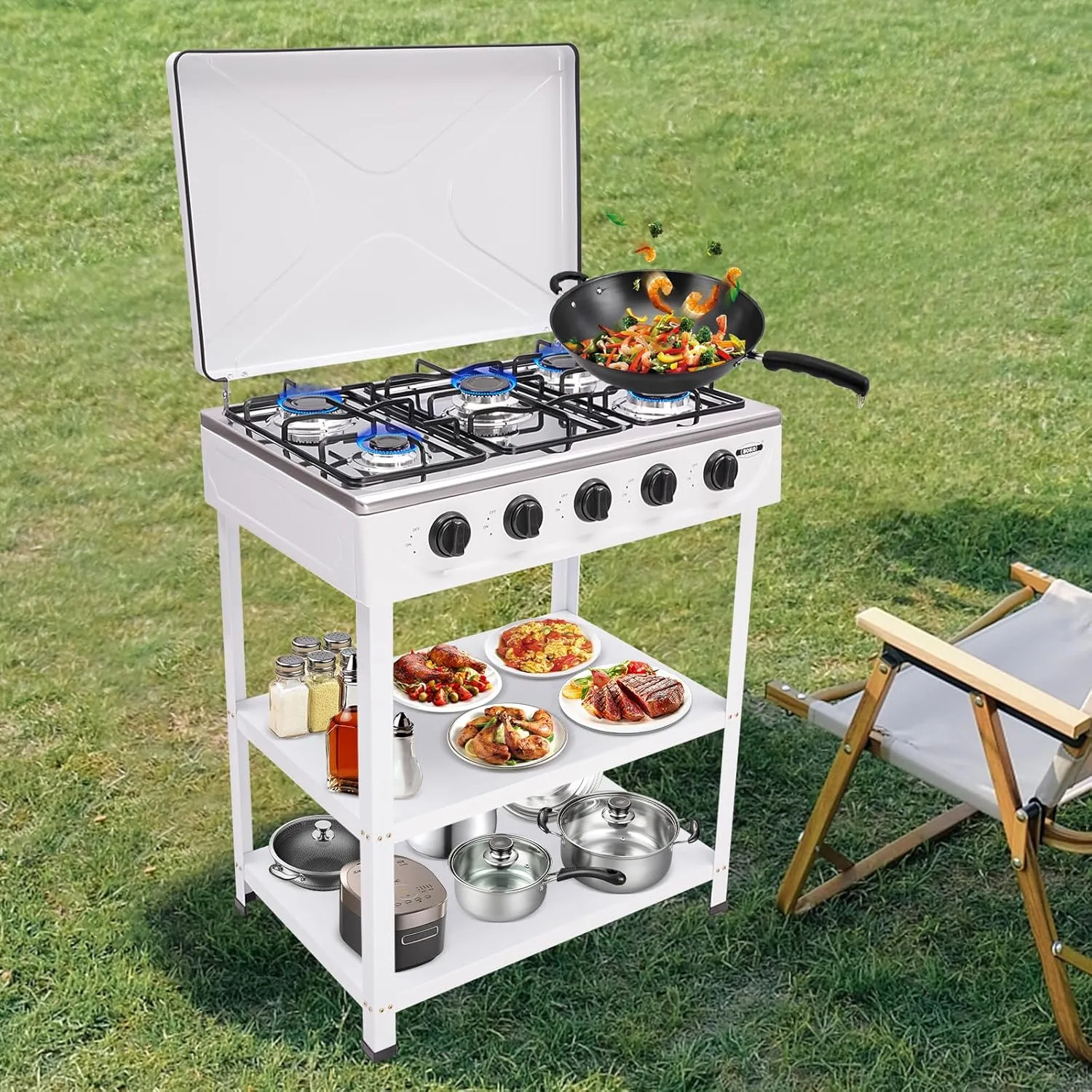 5 Burner Propane Gas Stove, Natural Gas Cooker Outdoor Camping 2 Tier Storage Rack Portable Stainless Steel BBQ Stove for RV, Apartment, Outdoor Cooking