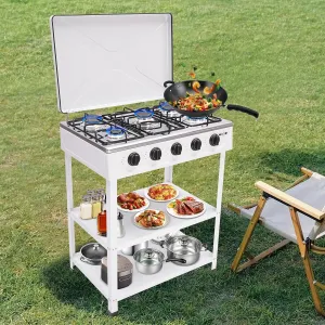 5 Burner Propane Gas Stove, Natural Gas Cooker Outdoor Camping 2 Tier Storage Rack Portable Stainless Steel BBQ Stove for RV, Apartment, Outdoor Cooking