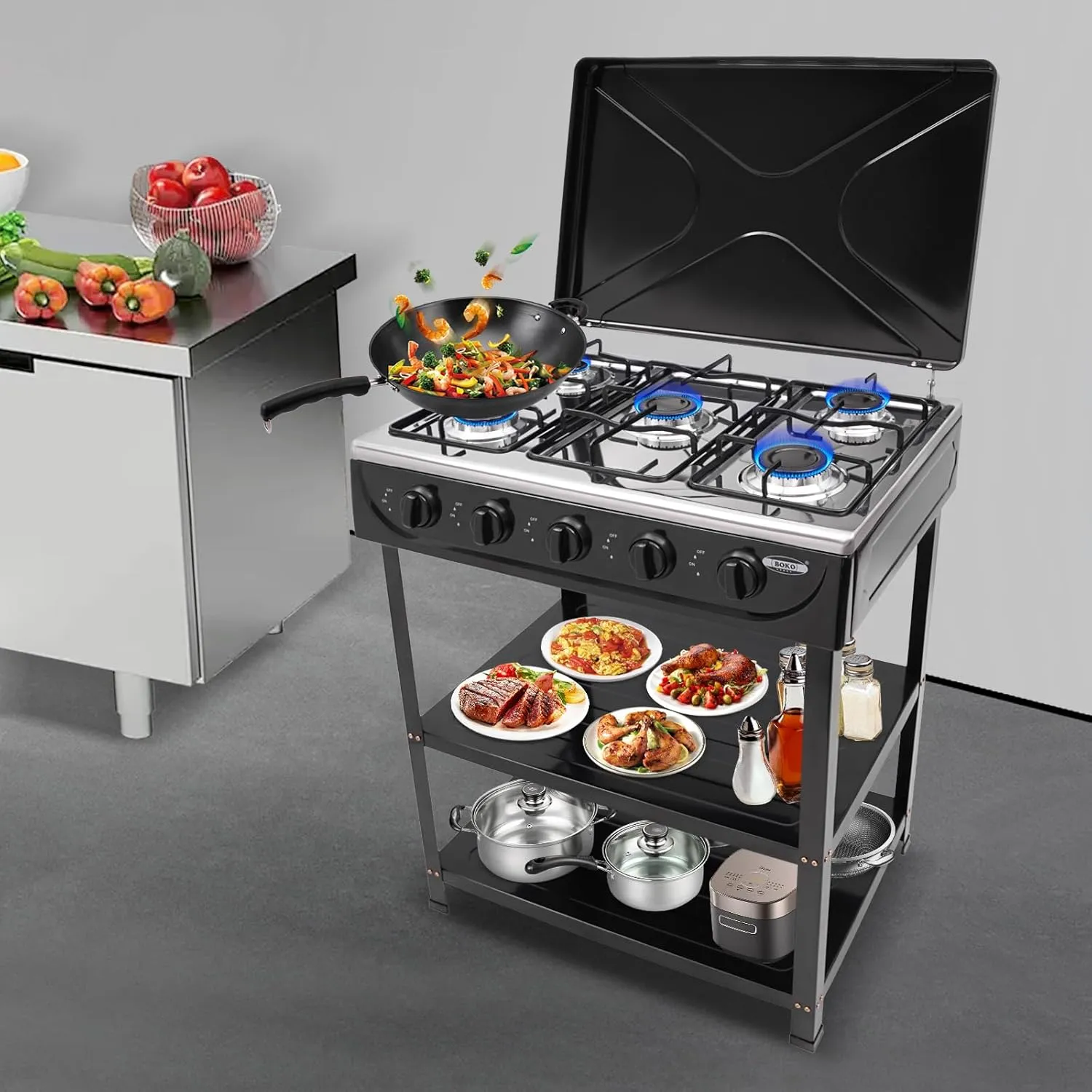 5 Burners Gas Stove,2.5KW Natural Gas Stove with Support Leg Stand and Wind Blocking Cover,25 * 17.5 * 32" Free Standing Gas Cooktop for RV Travel,Camping Restaurant. (Black)