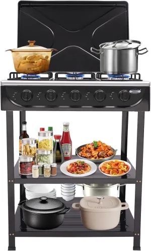 5 Burners Gas Stove,2.5KW Natural Gas Stove with Support Leg Stand and Wind Blocking Cover,25 * 17.5 * 32" Free Standing Gas Cooktop for RV Travel,Camping Restaurant. (Black)
