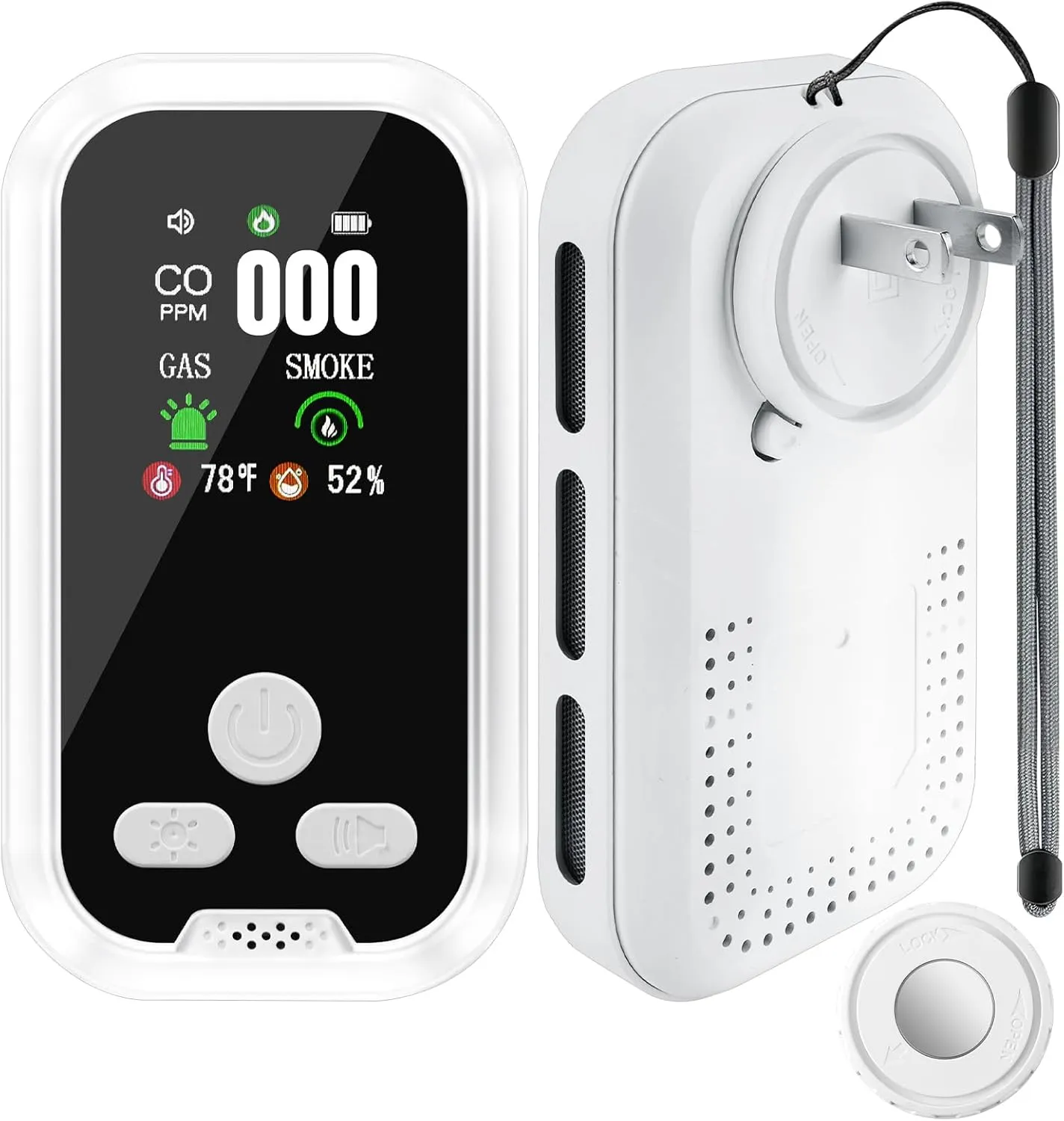 5 in 1 Plug-in Wall Carbon Monoxide and Smoke Detector, Smoke Alarm, Combustible Gas Detector, Humidity and Temperature Meter with HD Display, Essential for Home, Travel, Hotel and Camping, Easy Setup