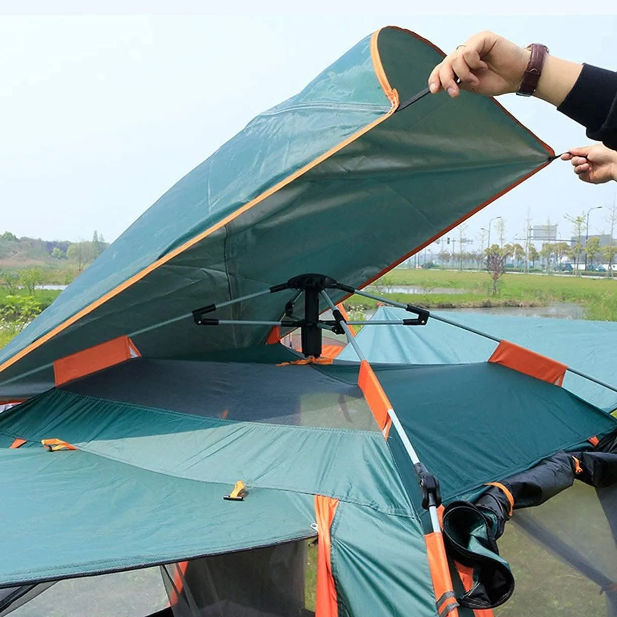 5 Person Family Camping Tent 4 Season Double Layers Waterproof Anti-Windproof Tents Family Outdoor Camping Tent (Blue Width 215cm) (Green Width 215cm)