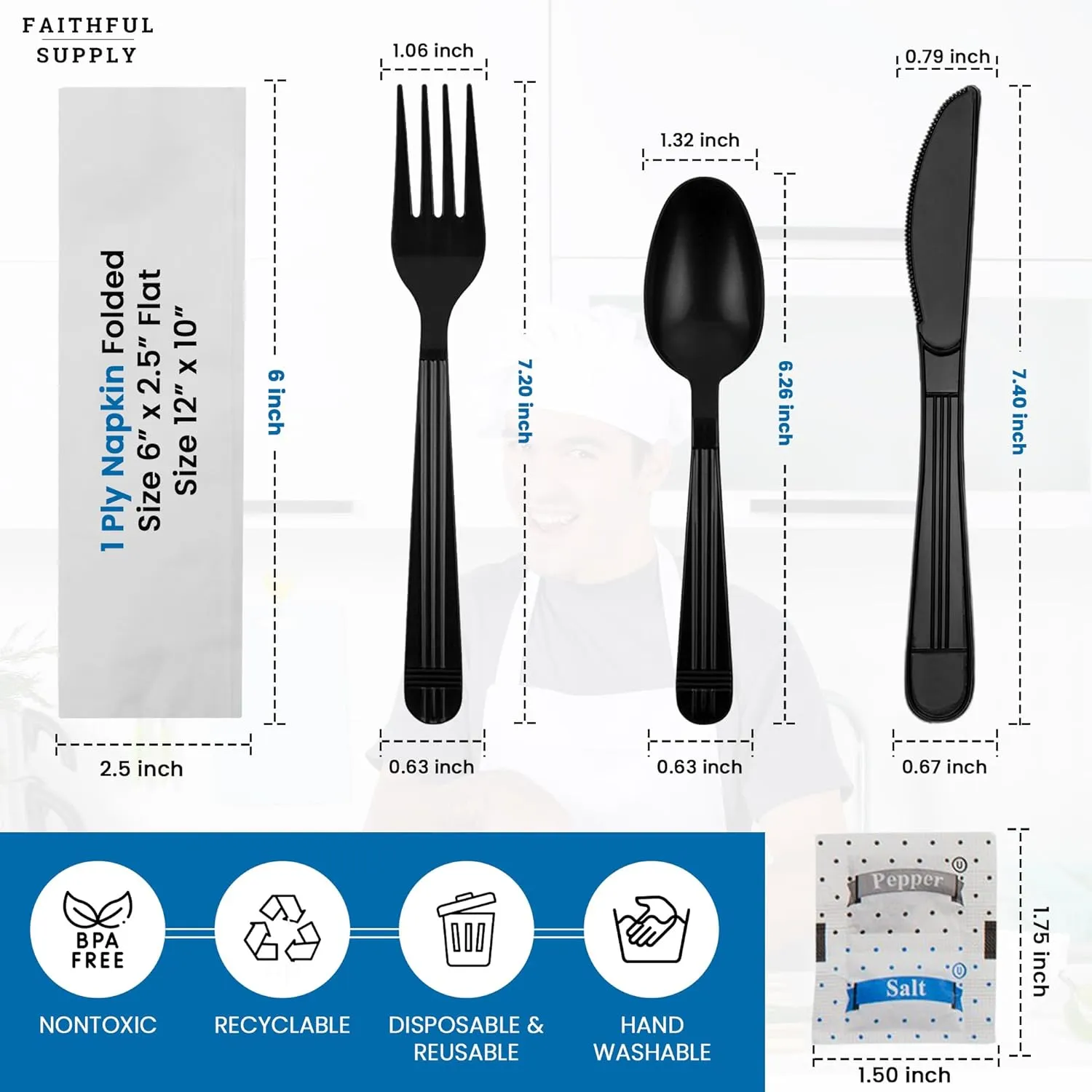 50 ct Black Plastic Silverware Individually Wrapped, Packaged Plastic Utensils Set Wrapped, Prewrapped Cutlery Set Disposable with Napkin, To Go Utensils, Perfect for Parties and Lunch
