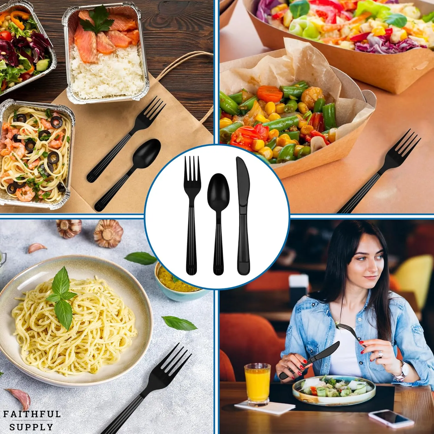 50 ct Black Plastic Silverware Individually Wrapped, Packaged Plastic Utensils Set Wrapped, Prewrapped Cutlery Set Disposable with Napkin, To Go Utensils, Perfect for Parties and Lunch