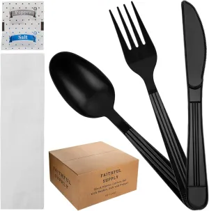 50 ct Black Plastic Silverware Individually Wrapped, Packaged Plastic Utensils Set Wrapped, Prewrapped Cutlery Set Disposable with Napkin, To Go Utensils, Perfect for Parties and Lunch